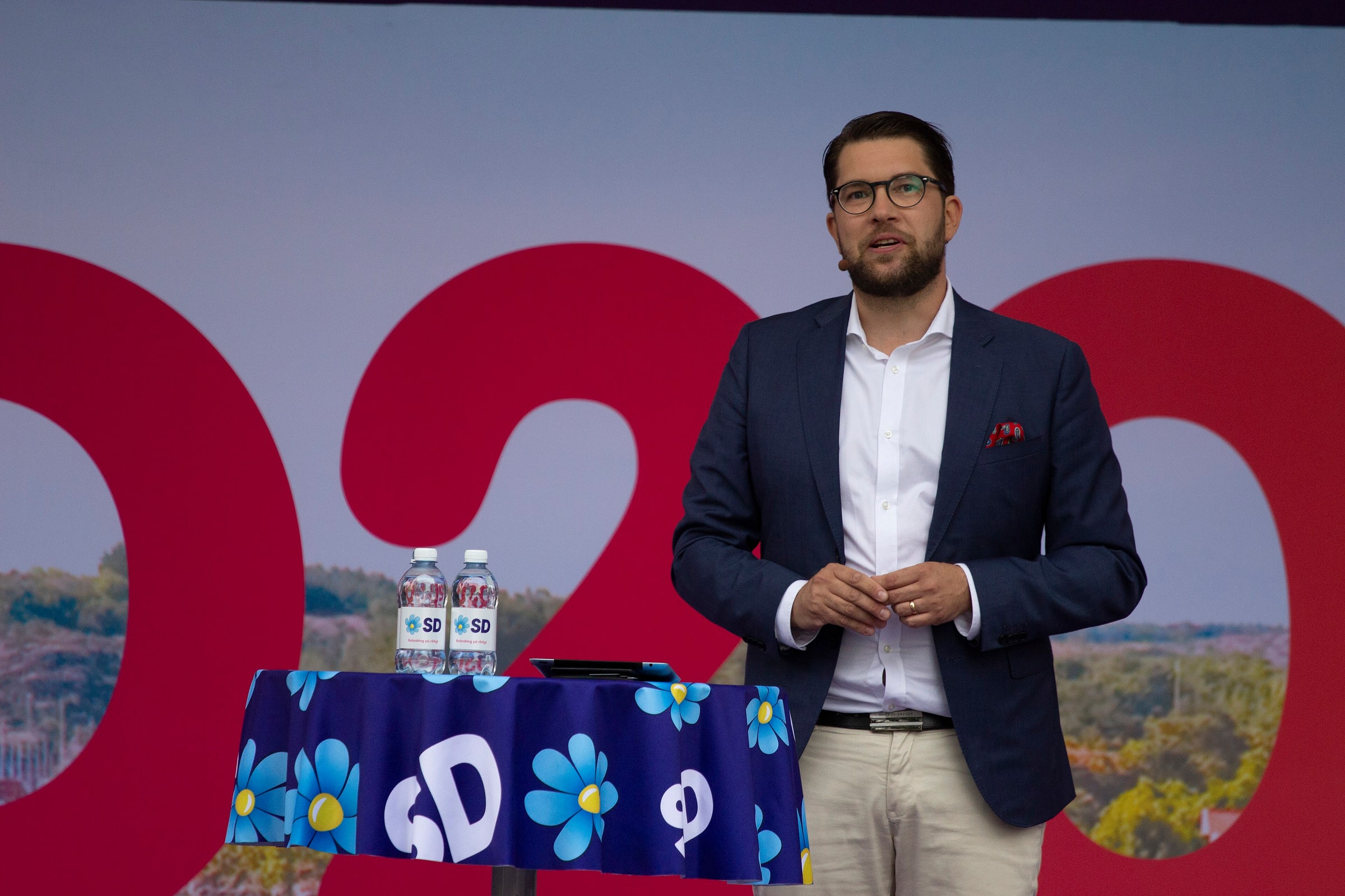 Jimmie Åkesson speaks at Almedalen Week in Visby in July 2018.