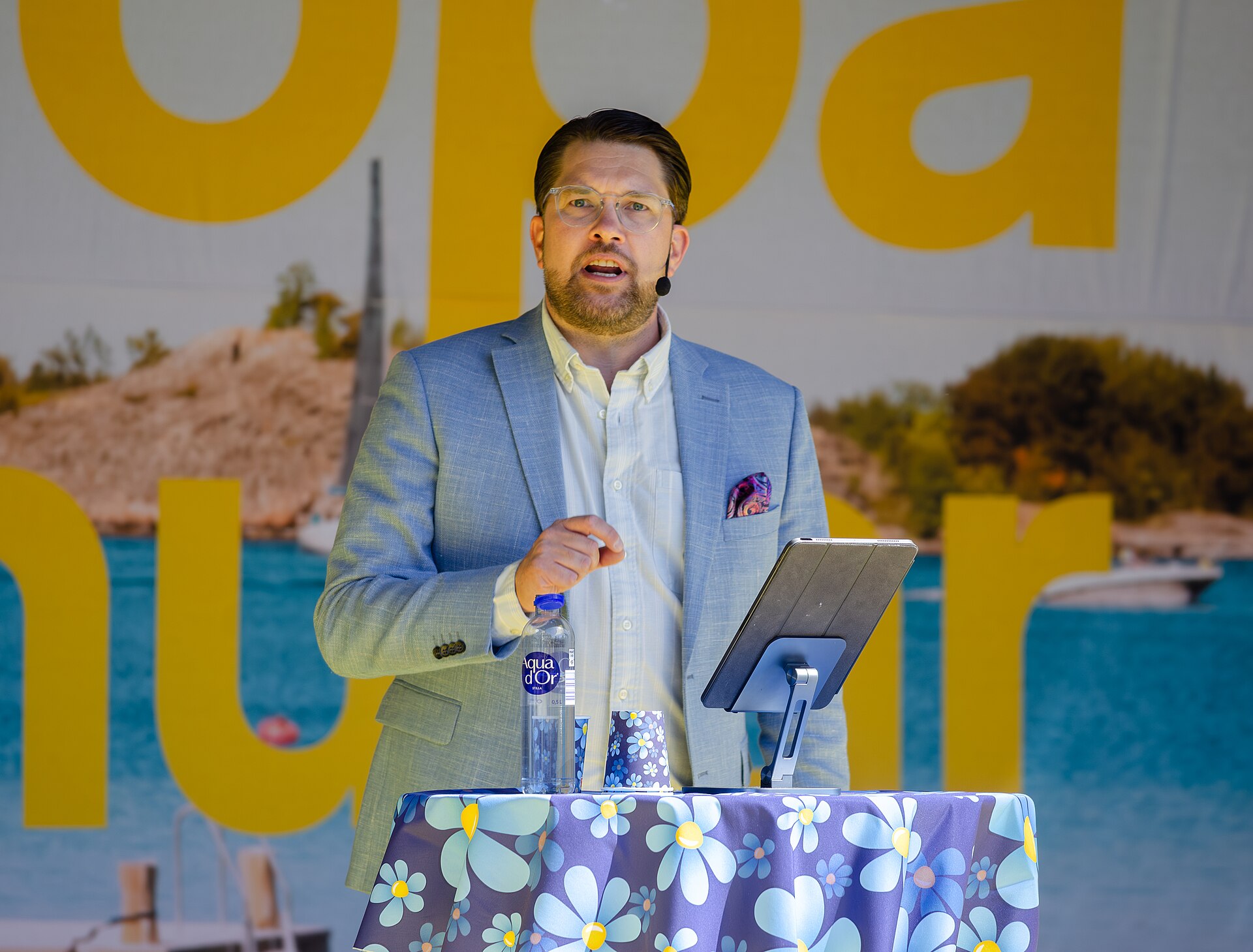 Sweden Democrats leader Jimmie Åkesson speaking at Långholmen in Stockholm in 2024.