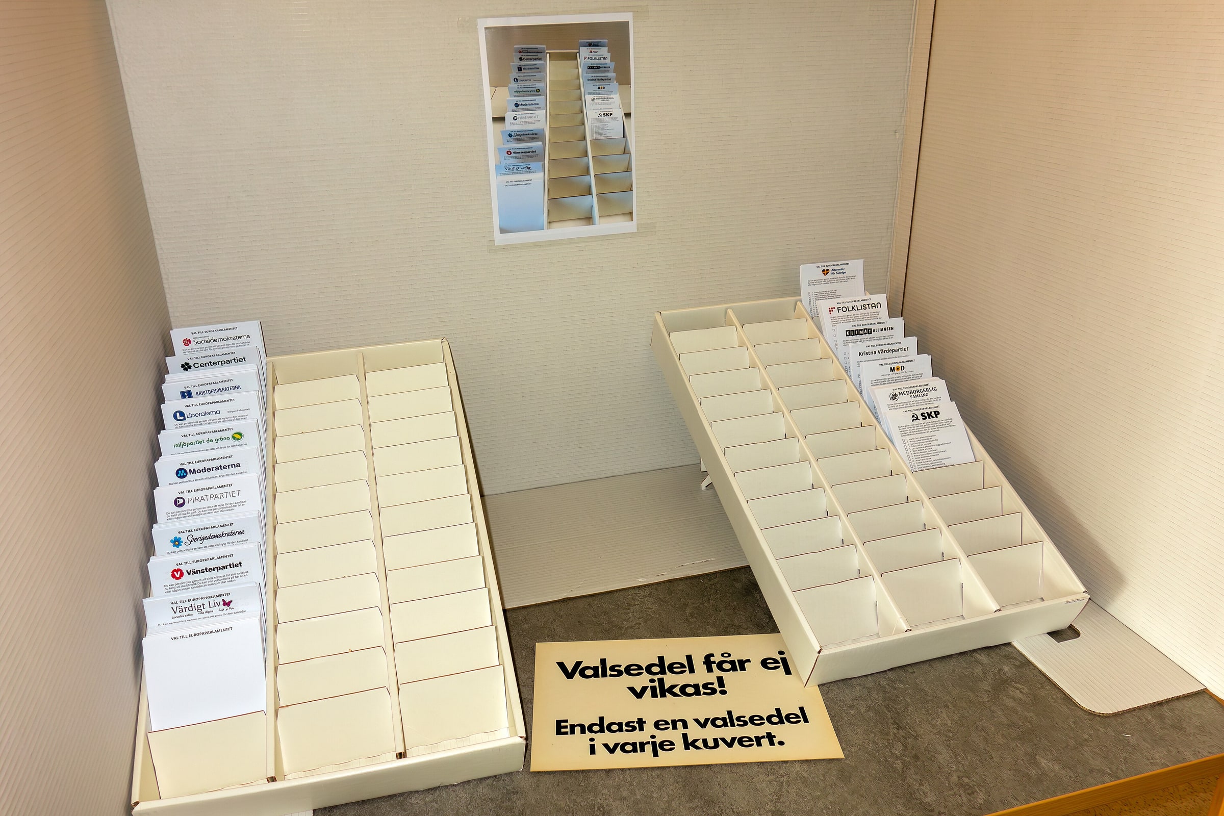 Separate party ballot papers in racks at a polling station in Brastad during the June 2024 European election.