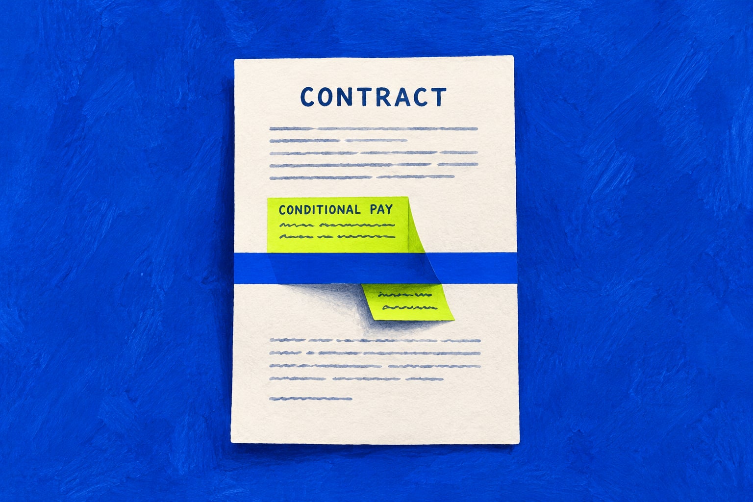 Editorial illustration of a highlighted conditional-pay clause folding below a line across a contract.