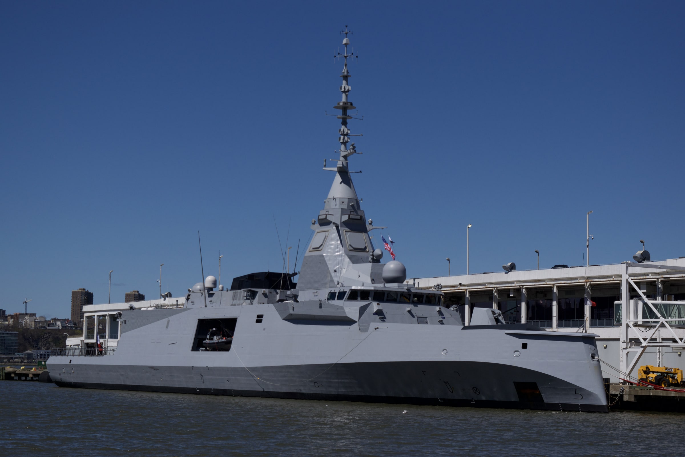 French FDI frigate Amiral Ronarc'h docked in New York in April 2026.