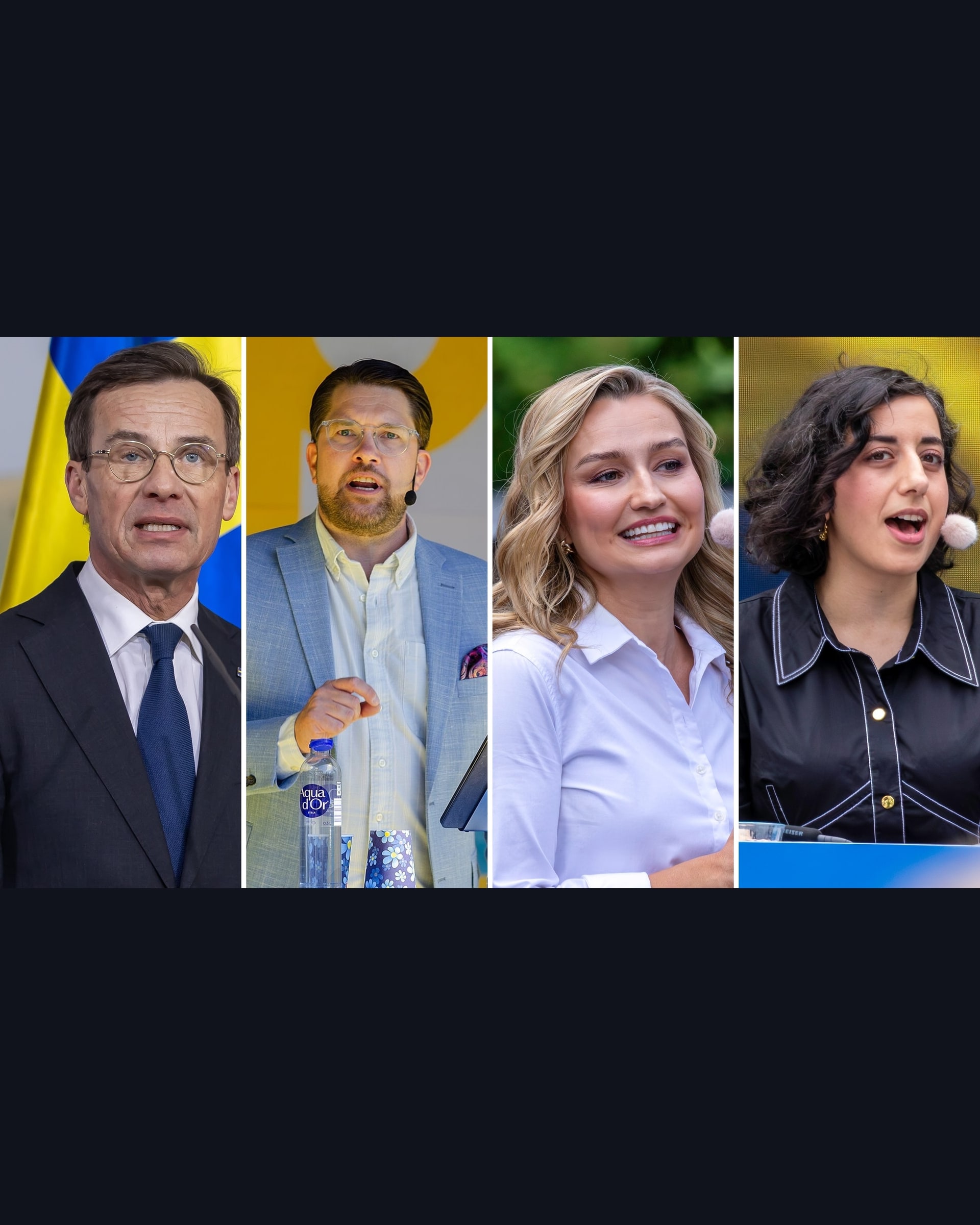 Four-panel editorial composite of Ulf Kristersson, Jimmie Åkesson, Ebba Busch and Simona Mohamsson speaking separately.