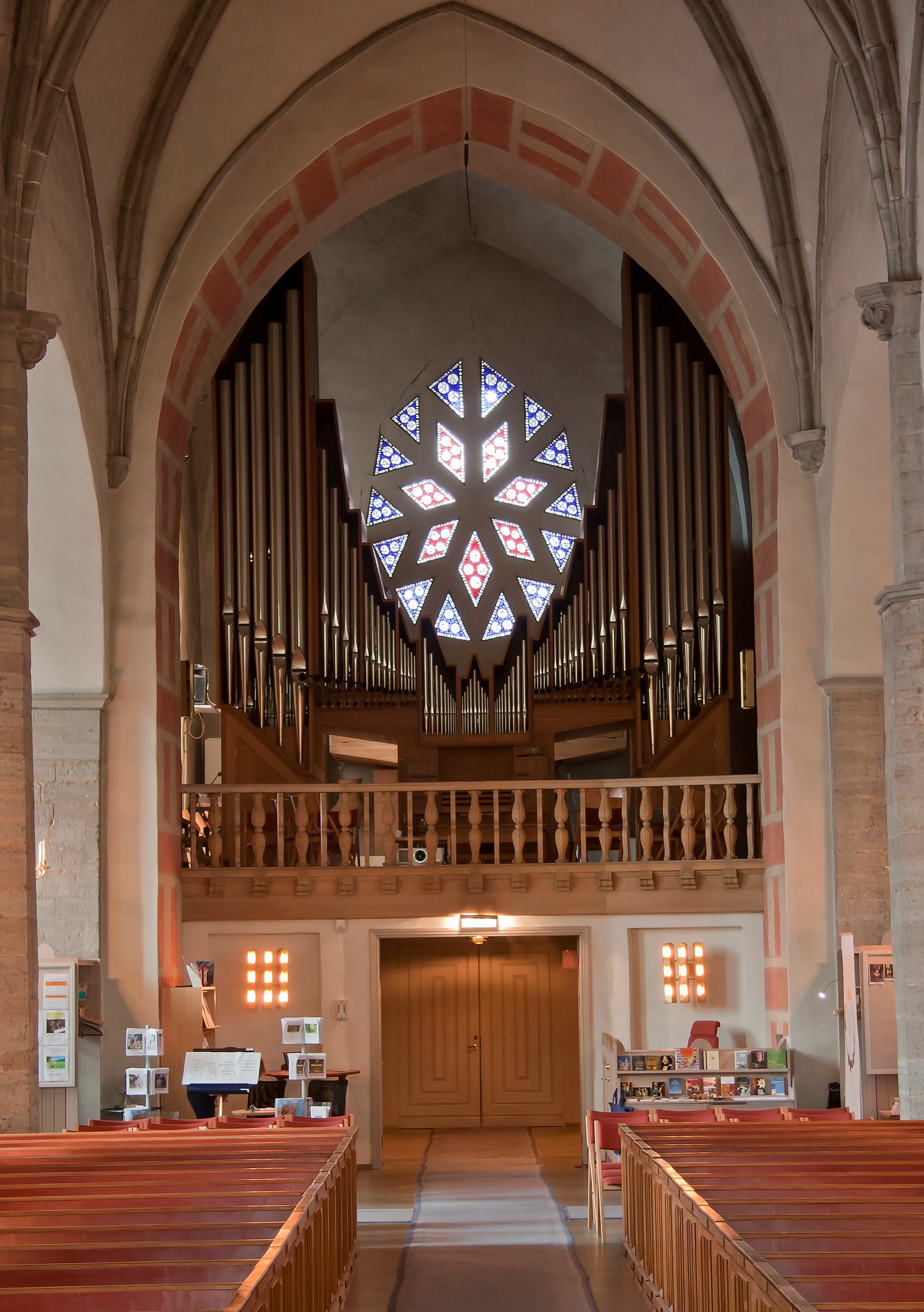 The pipe organ and organ loft inside S:t Nicolai Church in Örebro.