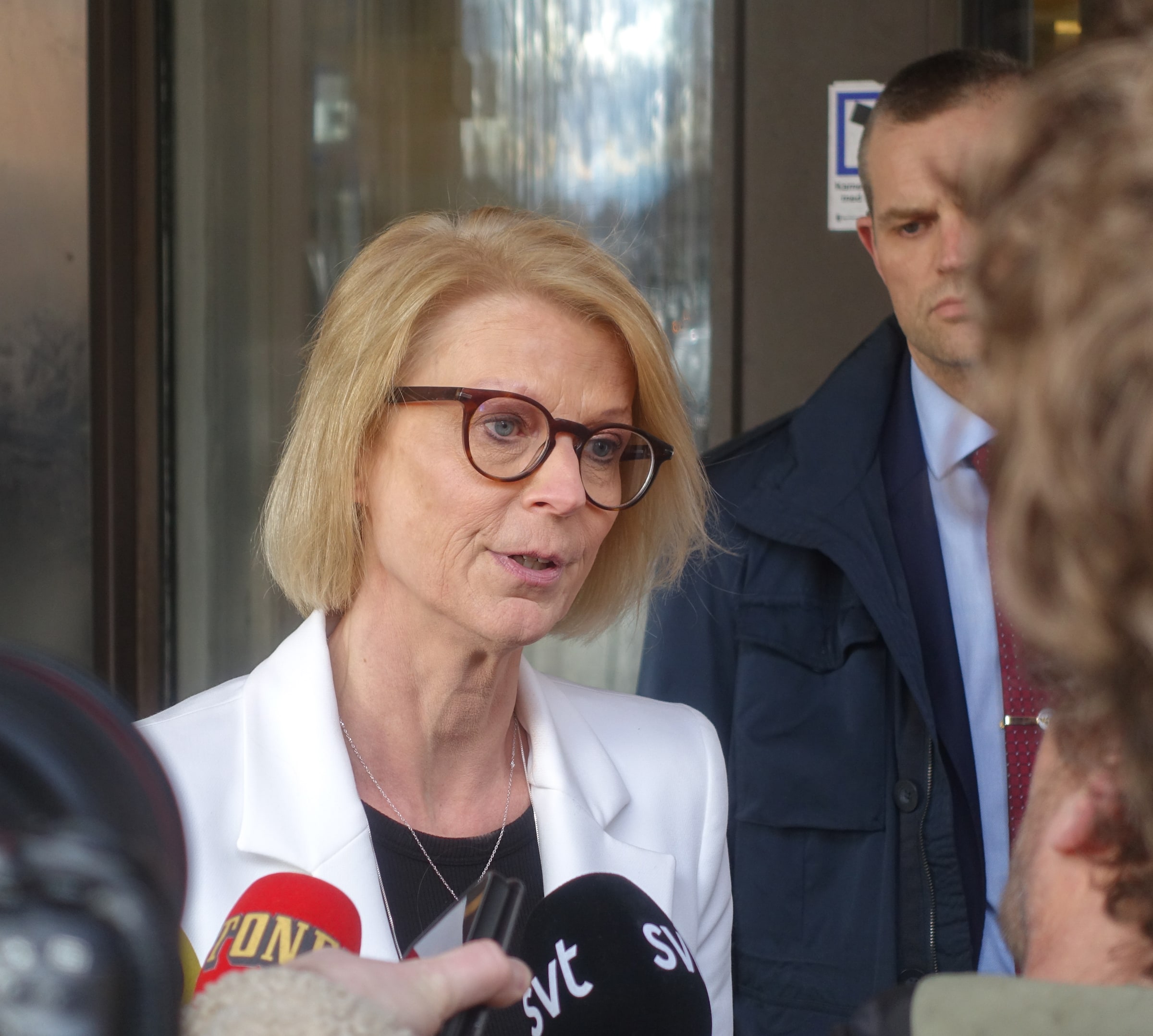 Elisabeth Svantesson speaking to reporters outside the Ministry of Finance in March 2023.