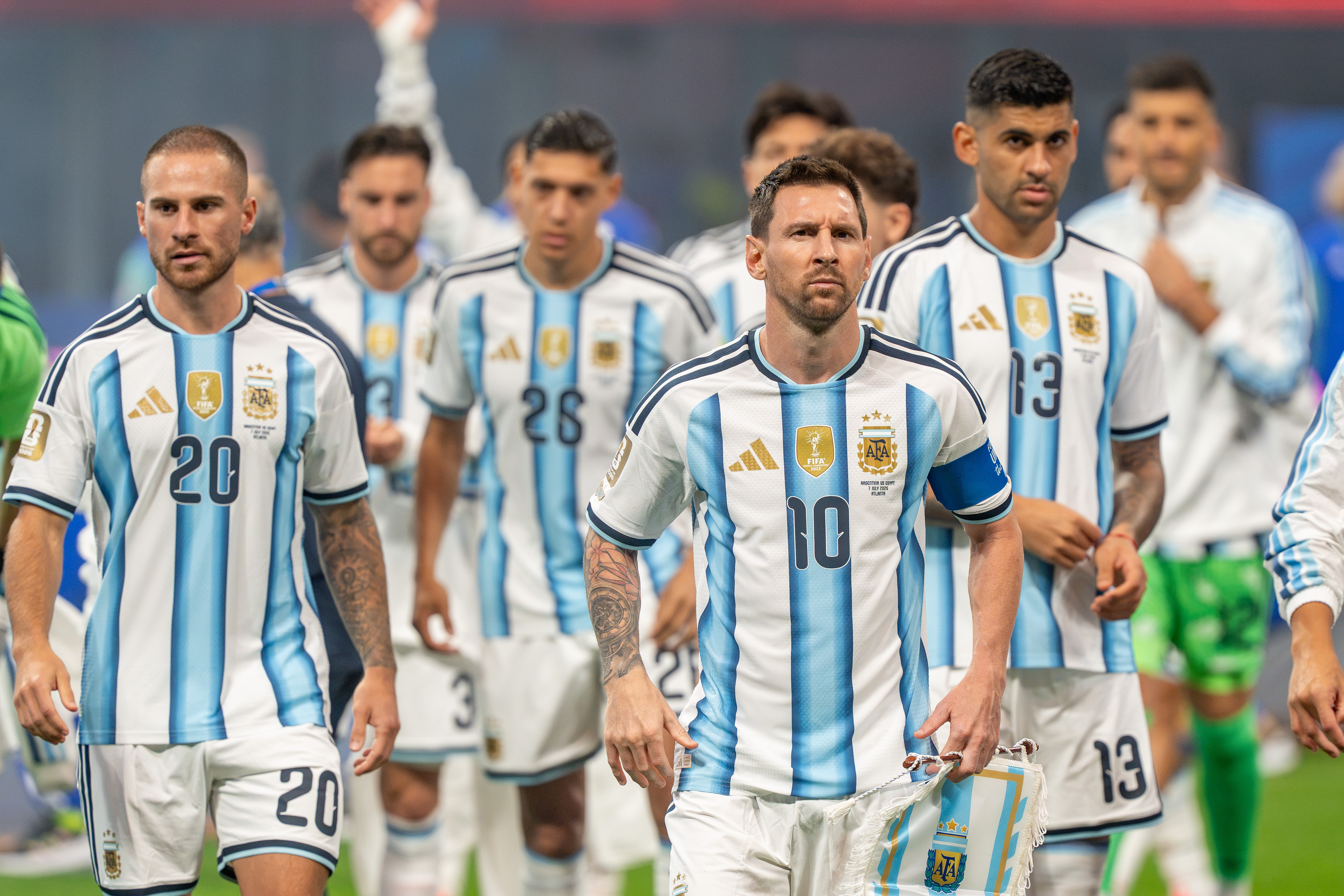 Alexis Mac Allister, Lionel Messi and Cristian Romero together during Argentina’s World Cup match against Egypt