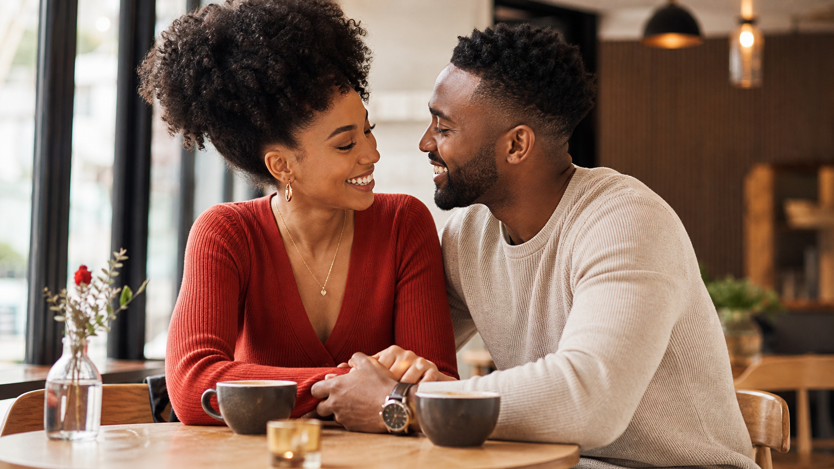 African American couple smiling together on a coffee date